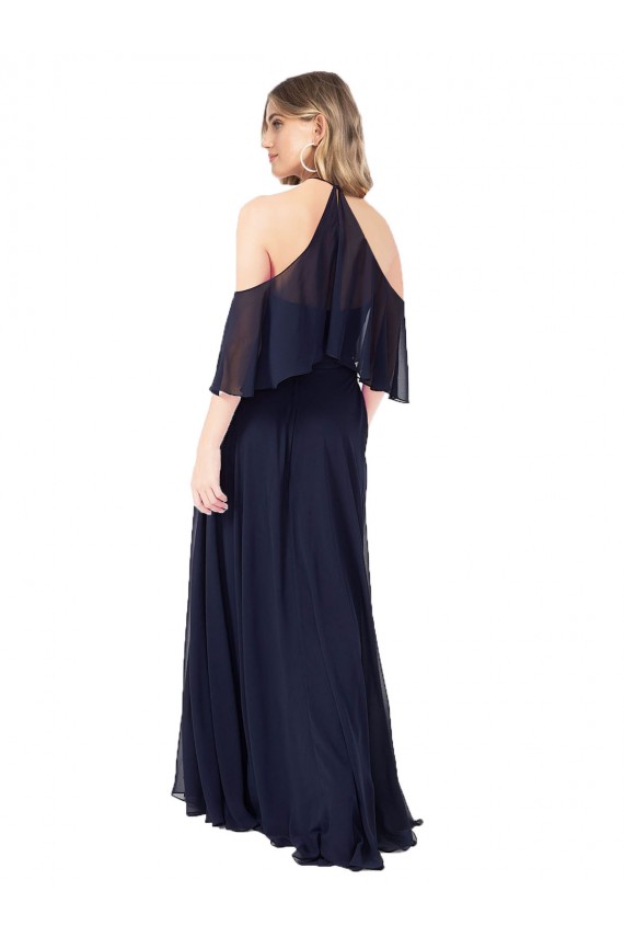 Günstige Dunkelmarine A-Linien Neckholder Stehkragen Ausschnitt Chiffon Lange Brautjungfernkleider