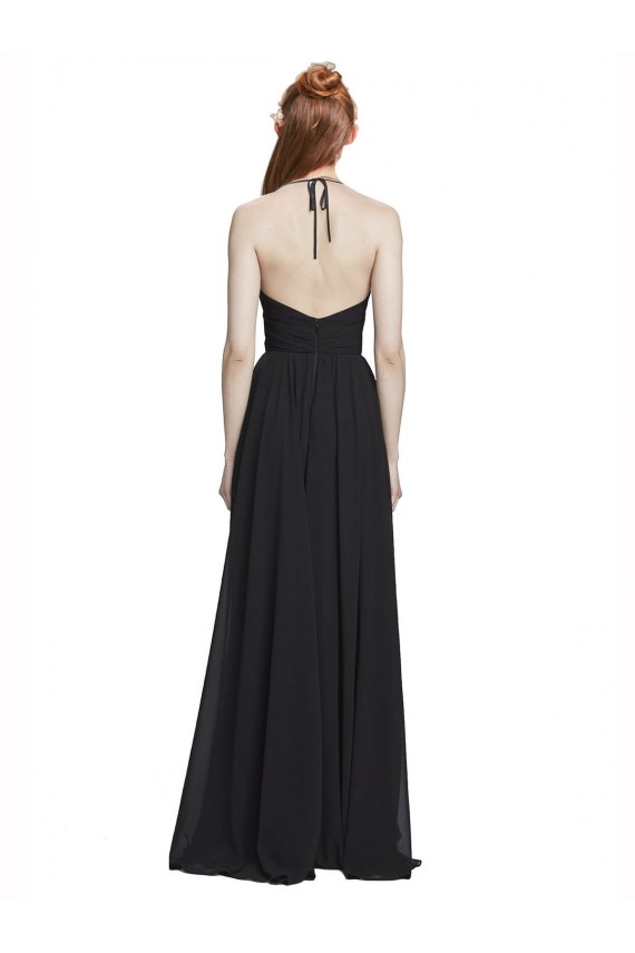 Günstige Dunkelmarine A-Linien Neckholder V-Ausschnitt Chiffon Lange Brautjungfernkleider