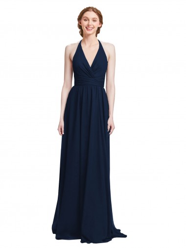 Günstige Dunkelmarine A-Linien Neckholder V-Ausschnitt Chiffon Lange Brautjungfernkleider