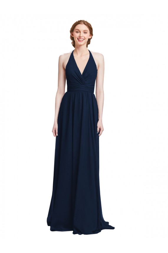 Günstige Dunkelmarine A-Linien Neckholder V-Ausschnitt Chiffon Lange Brautjungfernkleider