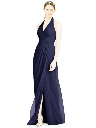 Günstige Dunkelmarine A-Linien Neckholder V-Ausschnitt Chiffon Lange Brautjungfernkleider