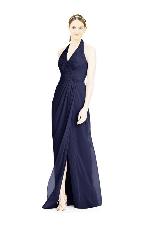 Günstige Dunkelmarine A-Linien Neckholder V-Ausschnitt Chiffon Lange Brautjungfernkleider