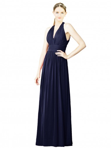 Günstige Dunkelmarine A-Linien Neckholder V-Ausschnitt Chiffon Lange Brautjungfernkleider