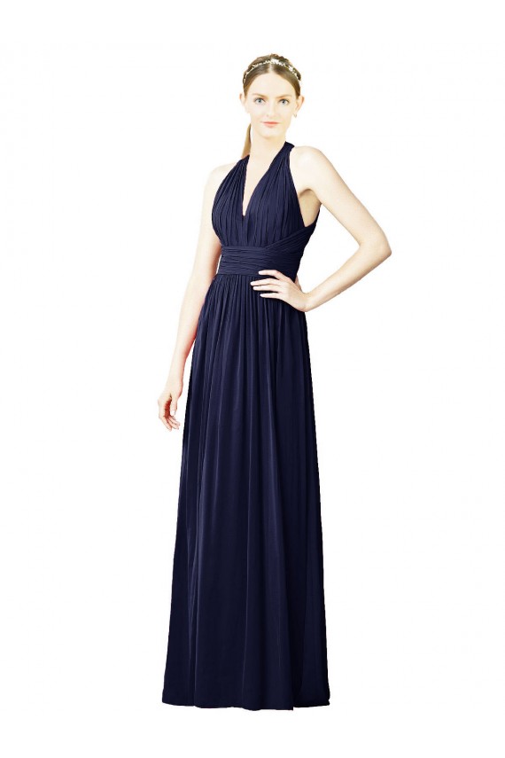 Günstige Dunkelmarine A-Linien Neckholder V-Ausschnitt Chiffon Lange Brautjungfernkleider