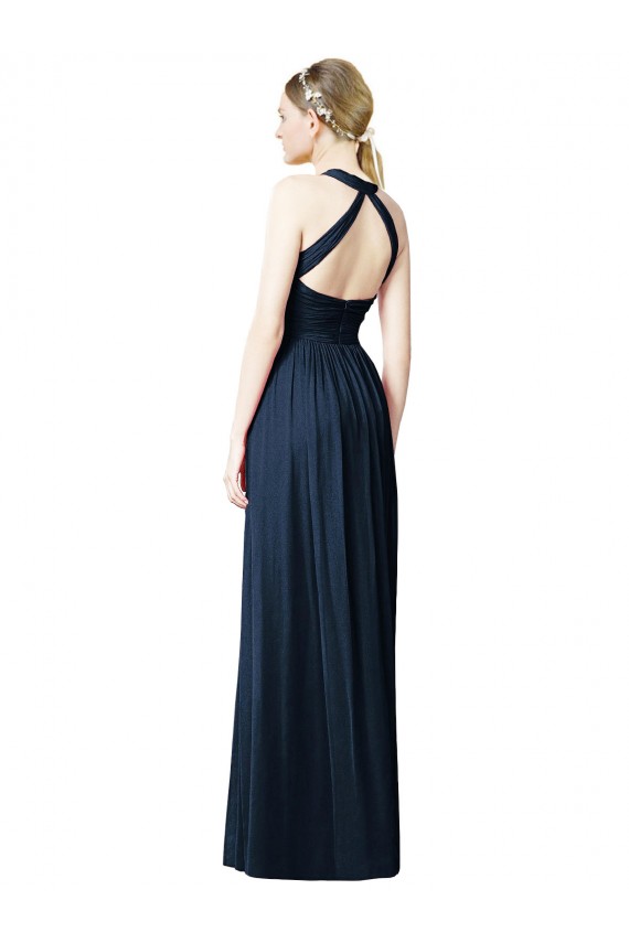 Günstige Dunkelmarine A-Linien Neckholder V-Ausschnitt Chiffon Lange Brautjungfernkleider