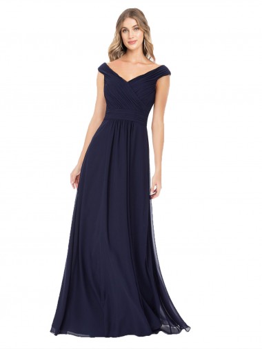 Günstige Dunkelmarine A-Linien Off-Schulter Chiffon Lange Brautjungfernkleider