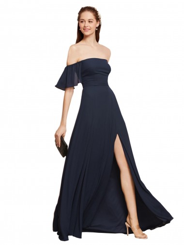 Günstige Dunkelmarine A-Linien Off-Schulter Chiffon Lange Brautjungfernkleider / Abiballkleider