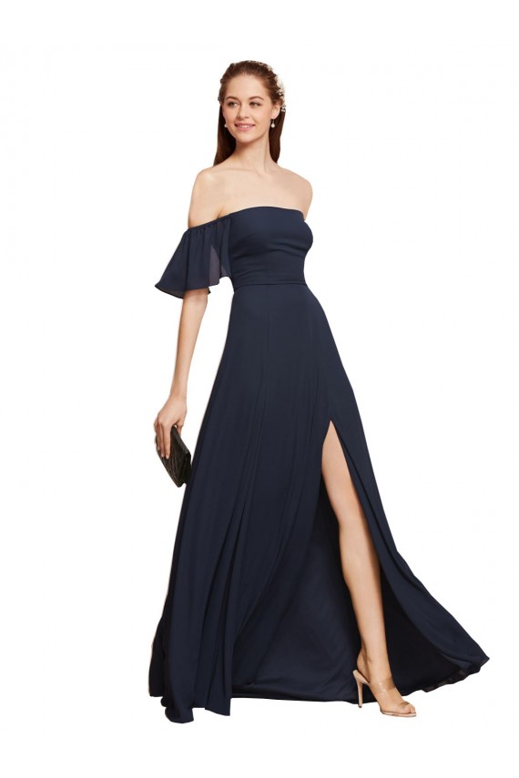 Günstige Dunkelmarine A-Linien Off-Schulter Chiffon Lange Brautjungfernkleider / Abiballkleider