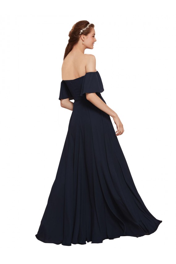 Günstige Dunkelmarine A-Linien Off-Schulter Chiffon Lange Brautjungfernkleider / Abiballkleider