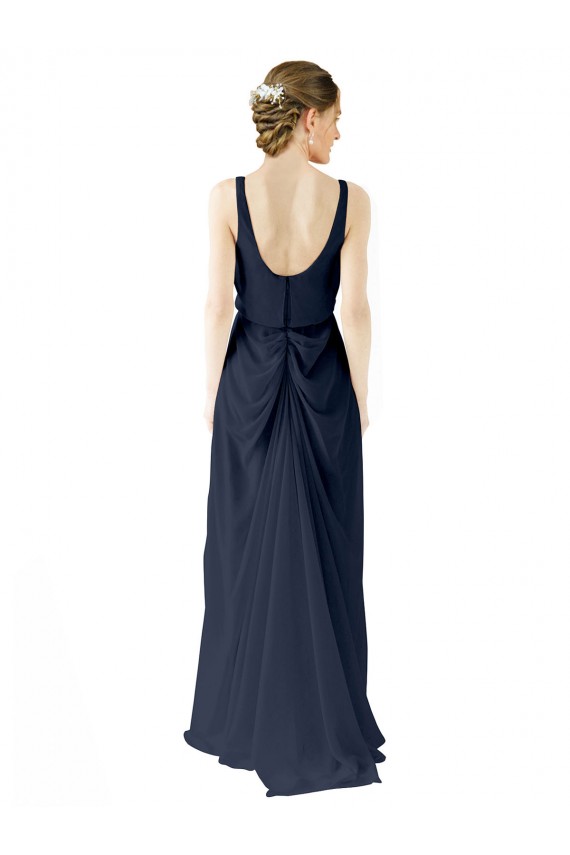 Günstige Dunkelmarine A-Linien Scoop Chiffon Lange Brautjungfernkleider