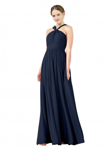 Günstige Dunkelmarine A-Linien V-Ausschnitt Chiffon Lange Brautjungfernkleider