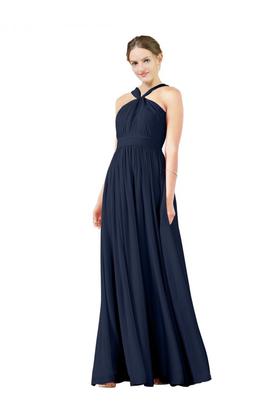 Günstige Dunkelmarine A-Linien V-Ausschnitt Chiffon Lange Brautjungfernkleider