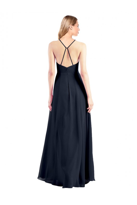 Günstige Dunkelmarine A-Linien V-Ausschnitt Chiffon Lange Brautjungfernkleider / Abiballkleider