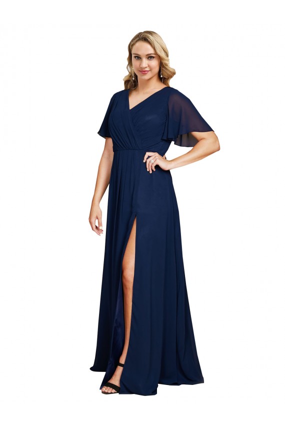 Günstige Dunkelmarine A-Linien V-Ausschnitt Chiffon Lange Formale Brautjungfernkleider / Abendkleider / Abiballkleider