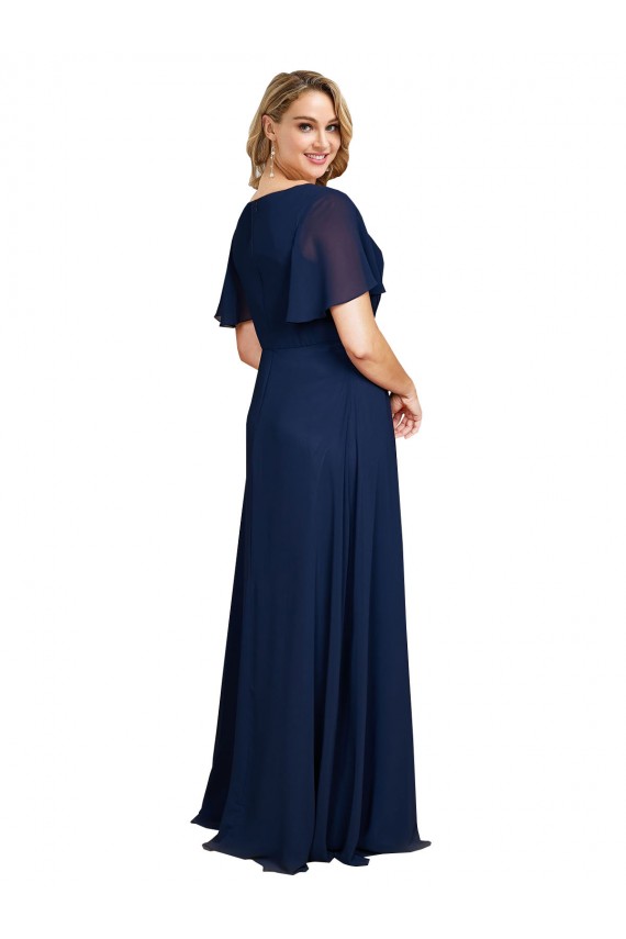 Günstige Dunkelmarine A-Linien V-Ausschnitt Chiffon Lange Formale Brautjungfernkleider / Abendkleider / Abiballkleider