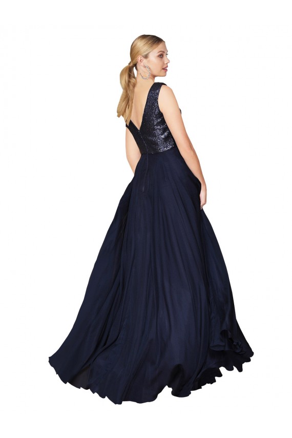 Günstige Dunkelmarine A-Linien V-Ausschnitt Chiffon Paillette Lange Brautjungfernkleider / Abiballkleider