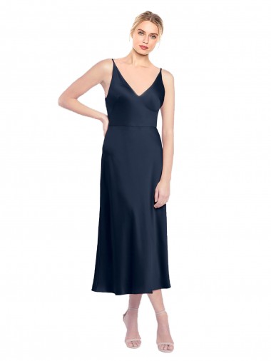 Günstige Dunkelmarine A-Linien V-Ausschnitt Midi Stretch-Satin Kurze Formale Brautjungfernkleider / Abendkleider / Abiballkleider / Cocktailkleider / Heimkehr Kleider