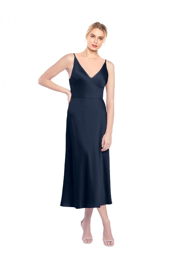 Günstige Dunkelmarine A-Linien V-Ausschnitt Midi Stretch-Satin Kurze Formale Brautjungfernkleider / Abendkleider / Abiballkleider / Cocktailkleider / Heimkehr Kleider