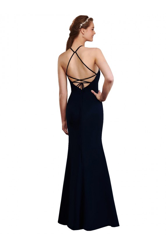 Günstige Dunkelmarine Meerjungfrau Neckholder Chiffon Lange Brautjungfernkleider