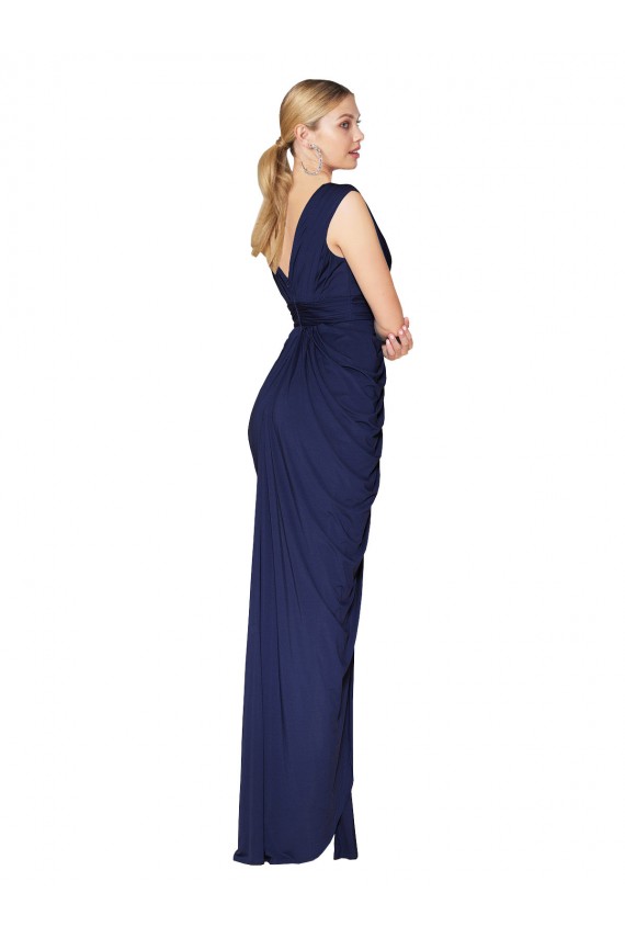 Günstige Dunkelmarine Meerjungfrau V-Ausschnitt Chiffon Lange Formale Brautjungfernkleider / Abendkleider / Abiballkleider
