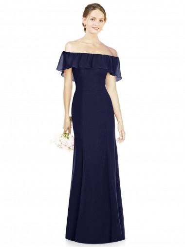 Günstige Dunkelmarine Trompete Off-Schulter Chiffon Lange Brautjungfernkleider