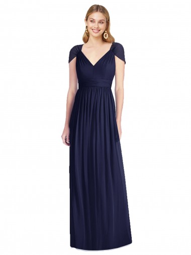 Günstige Dunkelmarine Trompete V-Ausschnitt Chiffon Lange Brautjungfernkleider