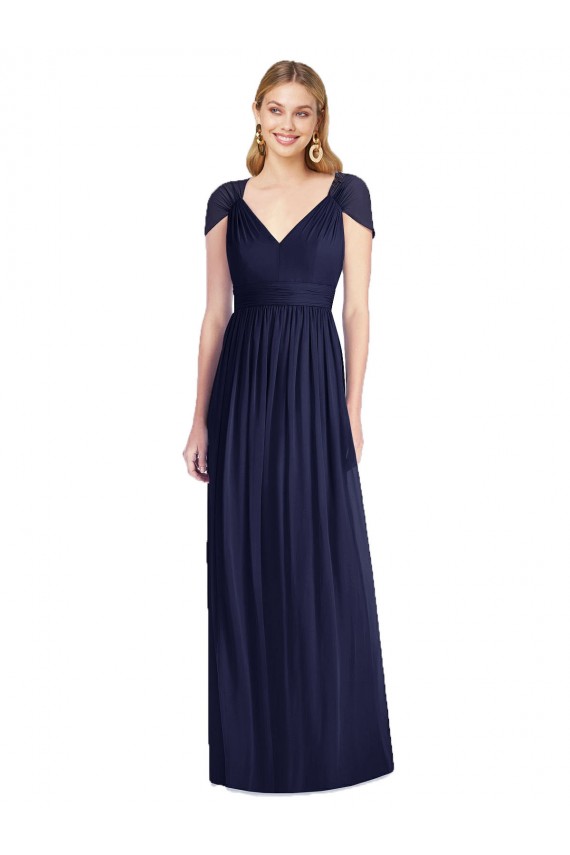 Günstige Dunkelmarine Trompete V-Ausschnitt Chiffon Lange Brautjungfernkleider