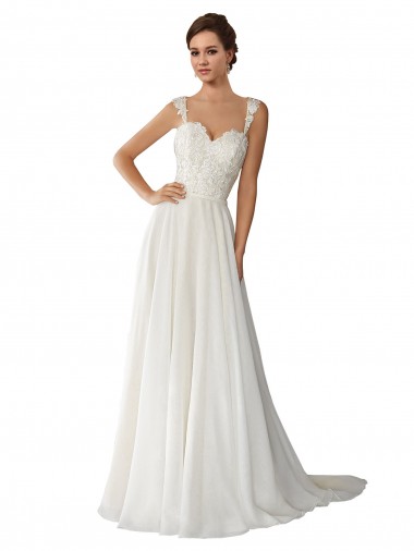 Günstige Elfenbein A-Linien Kapelle-schleppe Chiffon Spitze Brautkleider
