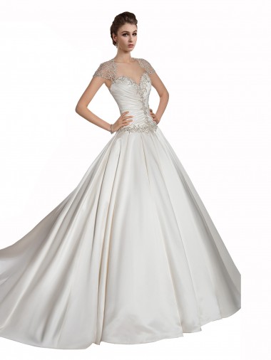 Günstige Elfenbein A-Linien Kapelle-schleppe Satin Brautkleider