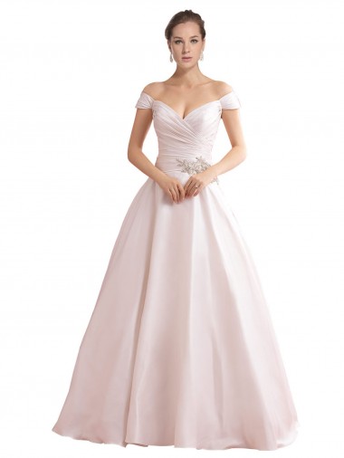 Günstige Elfenbein A-Linien Off-Schulter Kapelle-schleppe Satin Brautkleider