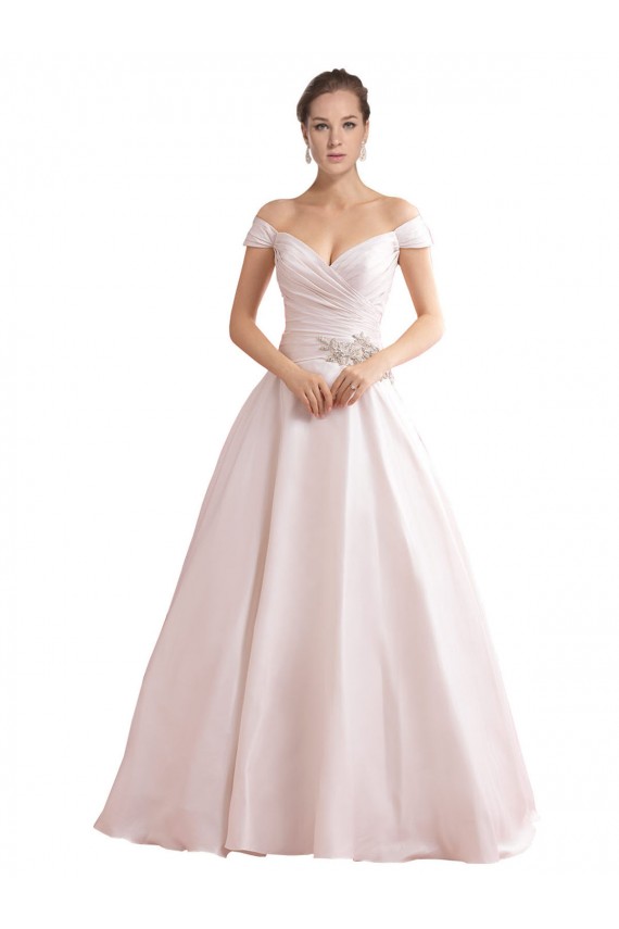 Günstige Elfenbein A-Linien Off-Schulter Kapelle-schleppe Satin Brautkleider