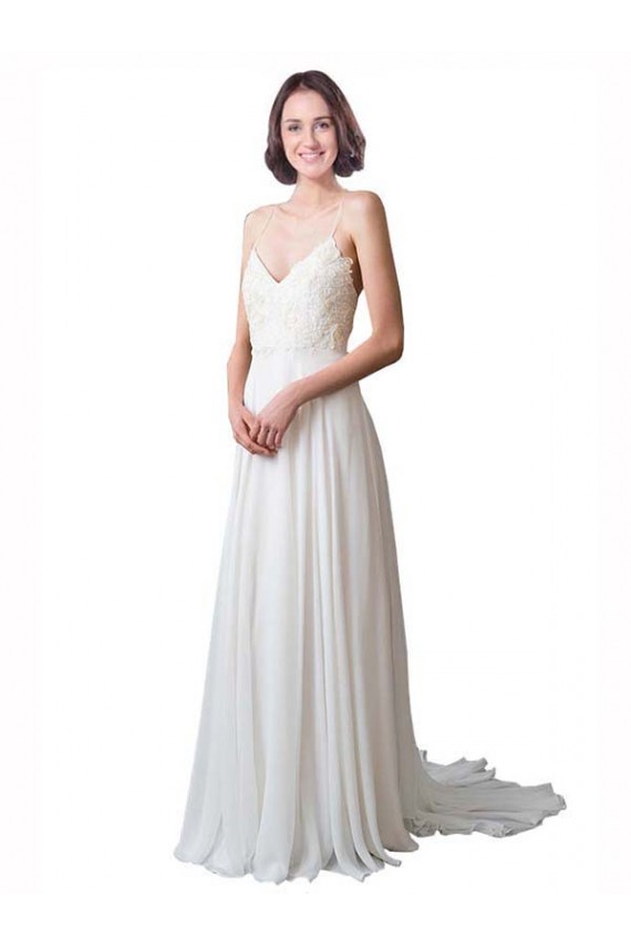 Günstige Elfenbein A-Linien Spaghetti-Träger V-Ausschnitt Kapelle-schleppe Chiffon Spitze Strand Brautkleider