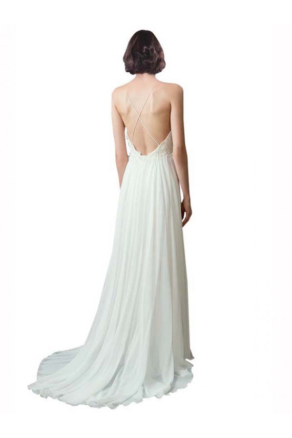 Günstige Elfenbein A-Linien Spaghetti-Träger V-Ausschnitt Kapelle-schleppe Chiffon Spitze Strand Brautkleider