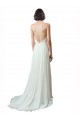 Günstige Elfenbein A-Linien Spaghetti-Träger V-Ausschnitt Kapelle-schleppe Chiffon Spitze Strand Brautkleider