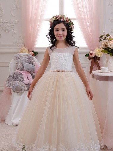 Günstige Elfenbein & Champagner Prinzessin Tüll Spitze Lange Blumenmädchenkleider