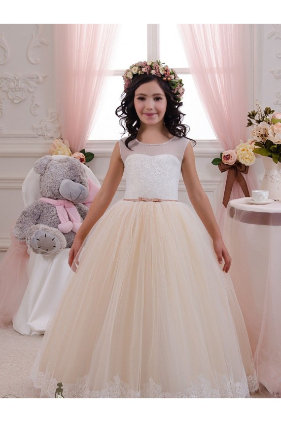 Günstige Elfenbein & Champagner Prinzessin Tüll Spitze Lange Blumenmädchenkleider