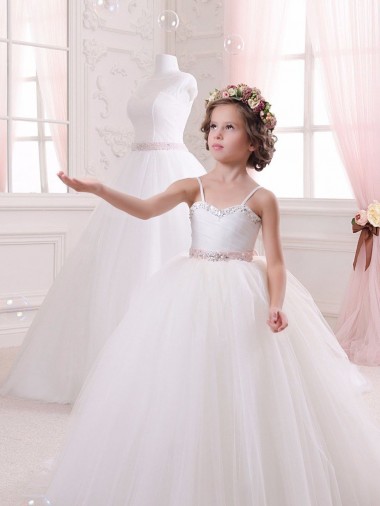 Günstige Elfenbein Prinzessin Kapelle-schleppe Tüll Lange Blumenmädchenkleider