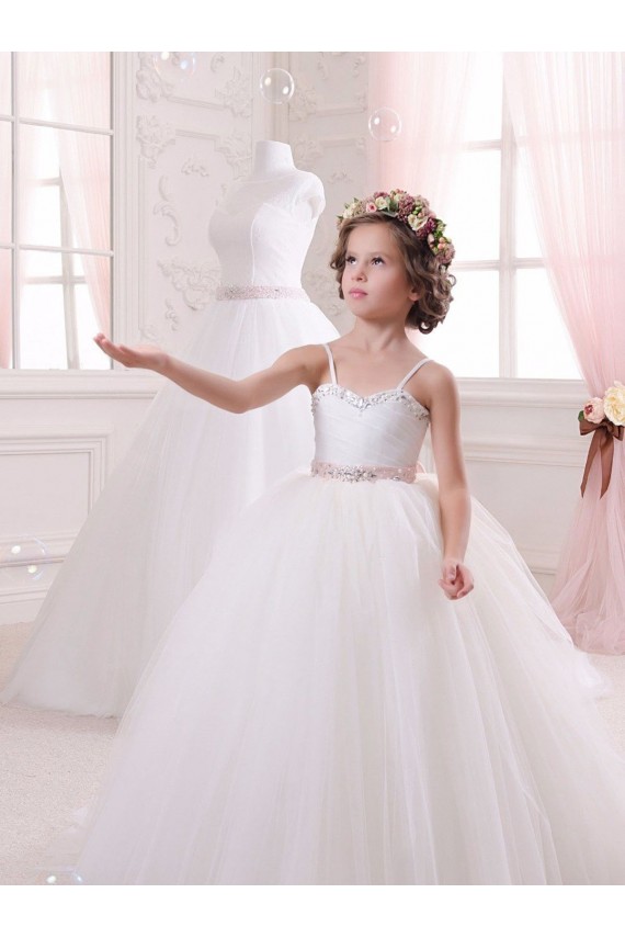 Günstige Elfenbein Prinzessin Kapelle-schleppe Tüll Lange Blumenmädchenkleider