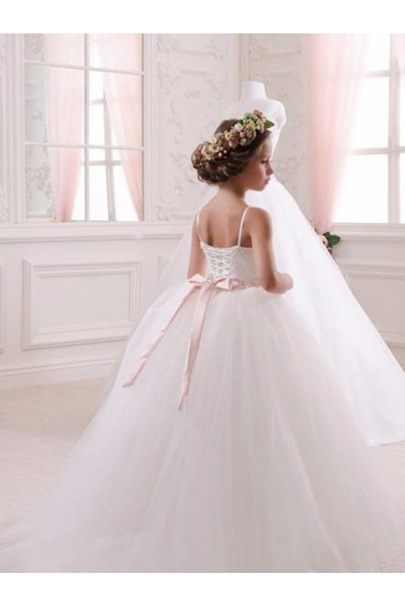 Günstige Elfenbein Prinzessin Kapelle-schleppe Tüll Lange Blumenmädchenkleider