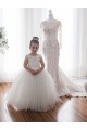 Günstige Elfenbein Prinzessin Kapelle-schleppe Tüll Spitze Lange Blumenmädchenkleider