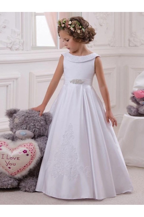 Günstige Elfenbein Prinzessin Satin Spitze Lange Blumenmädchenkleider