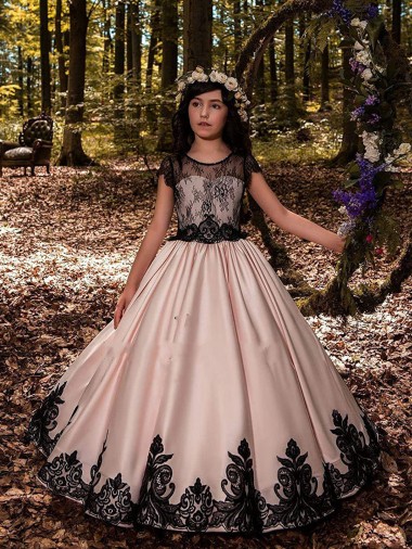 Günstige Elfenbein Prinzessin Satin Spitze Lange Blumenmädchenkleider