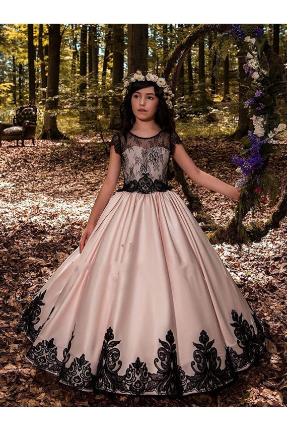 Günstige Elfenbein Prinzessin Satin Spitze Lange Blumenmädchenkleider