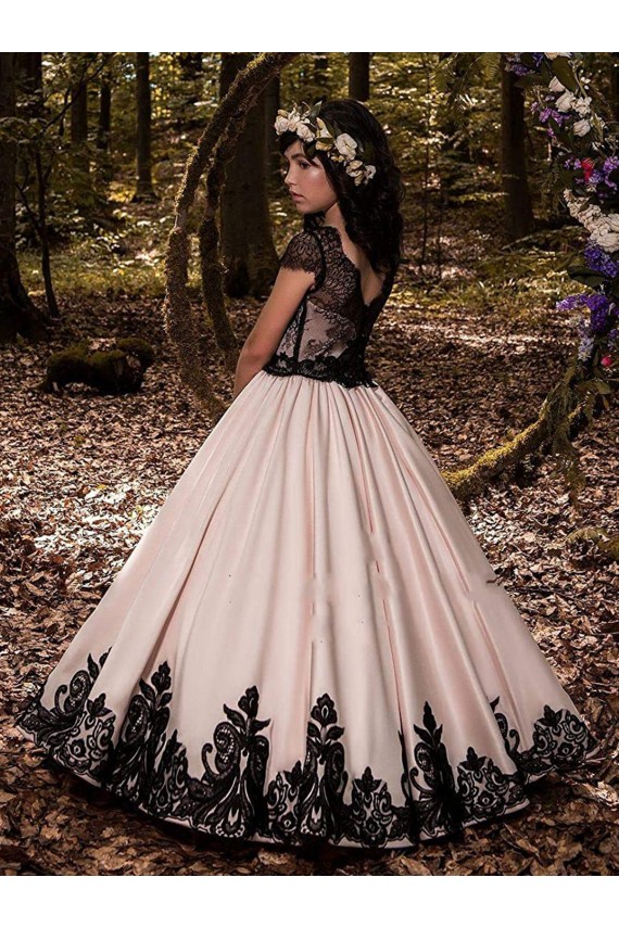 Günstige Elfenbein Prinzessin Satin Spitze Lange Blumenmädchenkleider