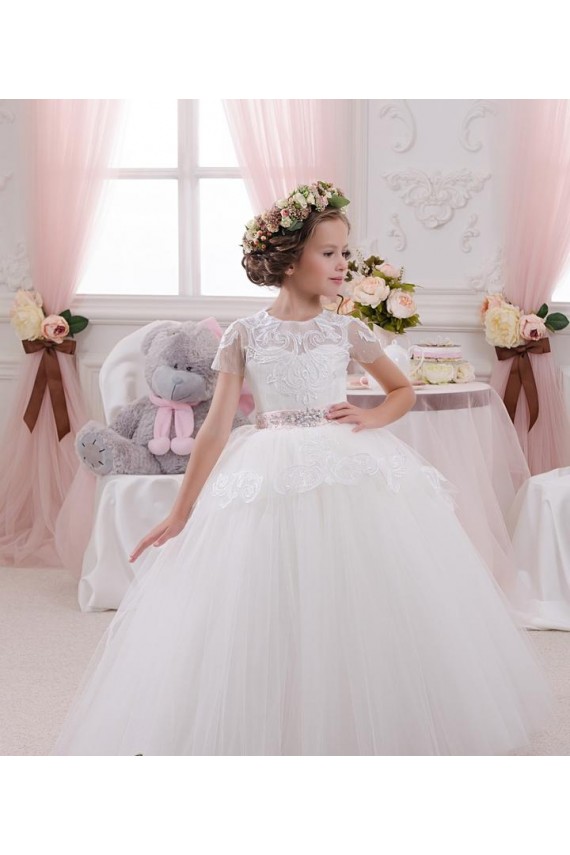 Günstige Elfenbein Prinzessin Tüll Spitze Lange Blumenmädchenkleider