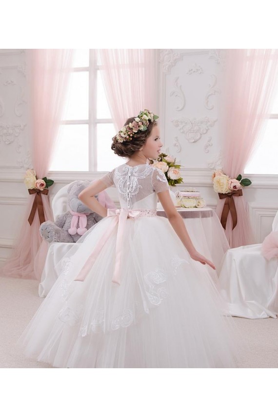 Günstige Elfenbein Prinzessin Tüll Spitze Lange Blumenmädchenkleider