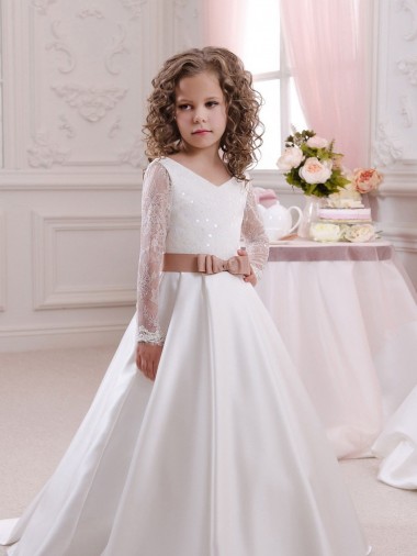 Günstige Elfenbein Prinzessin V-Ausschnitt Kapelle-schleppe Satin Spitze Lange Blumenmädchenkleider