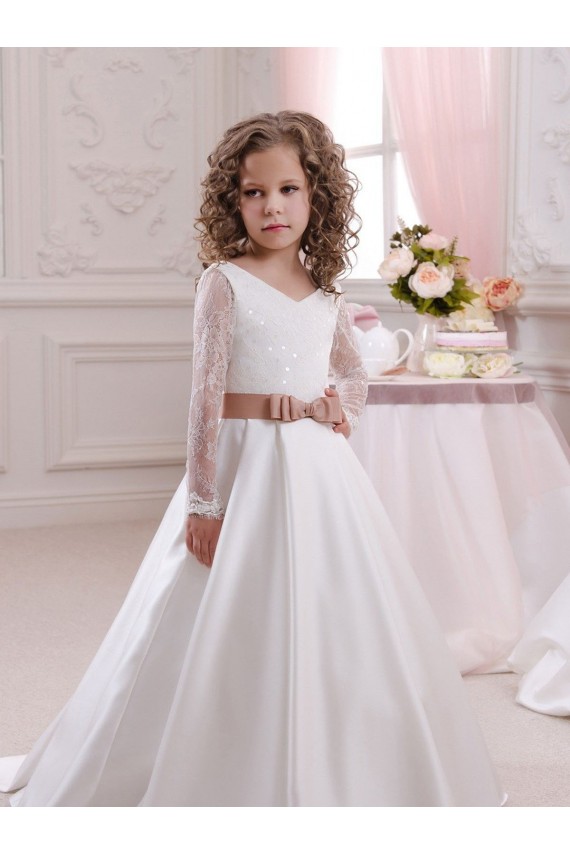 Günstige Elfenbein Prinzessin V-Ausschnitt Kapelle-schleppe Satin Spitze Lange Blumenmädchenkleider