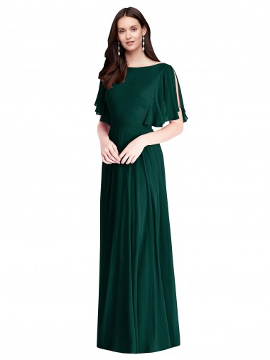 Günstige Evergrün A-Linien Chiffon Lange Brautjungfernkleider