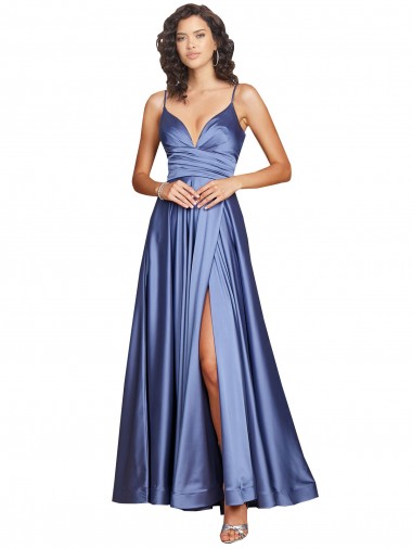 Günstige Französisch Blau A-Linien Spaghetti-Träger Seidiger Satin Lange Formale Brautjungfernkleider / Abendkleider / Abiballkleider